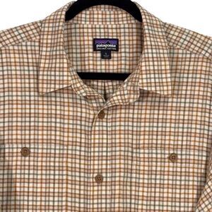 Patagonia Flannel Shirt Organic Cotton Tan Green Plaid Mens Large Gorpcore 53837
